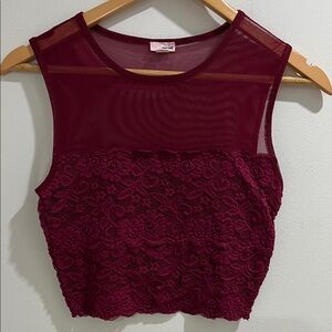 Garage Women’s Crop Top Small Sleeveless Lace Mesh Wine Romantic Boho Valentines